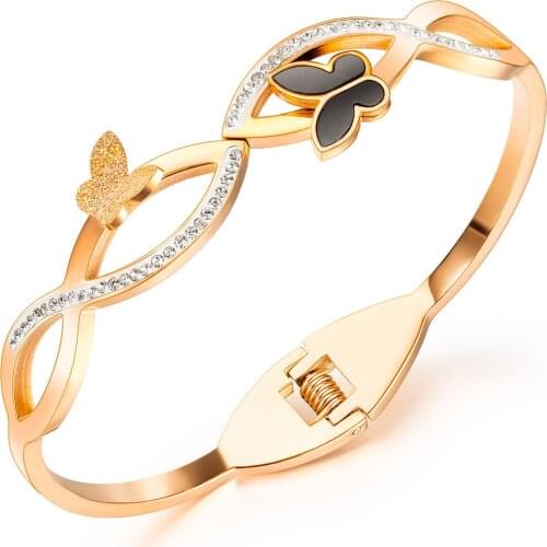 Cyue European 316L Stainless Steel Rose Butterflyr Entangle Bangle With AAA CZ For Women Girl Fashion Jewelry Gift ZYBG050