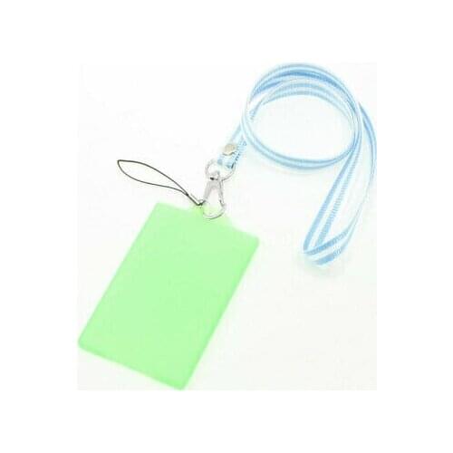Green Plastic Vertical ID Badge Card Holder w Striped Lanyard Neck Strap