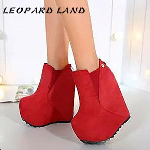LEOPARD LAND 2021 Women Fashion Shoes New Womens Boots 16cm Uprising Slope Heel High Heel Short Boots Rome Boots Shoes JXQ