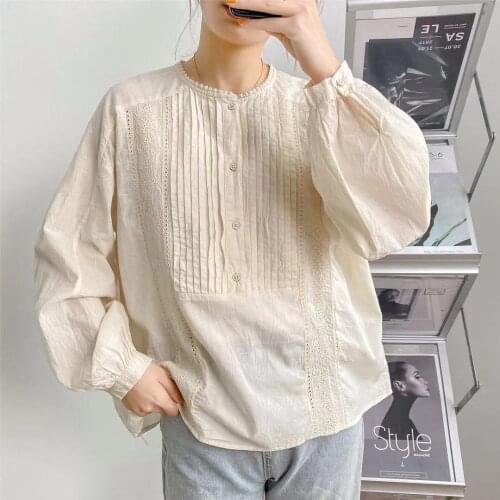 Johnature Japanese Embroidered Lace Doll Shirt Loose Pullover Pleated Long Sleeve White Shirt Womens Chiffon Shirt