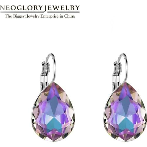 Neoglory Purple Water Drop Crystal Hook Earrings For Women Silver Color Elegant Delicate Dangle Earring Mother‘s Day Gift 27x13