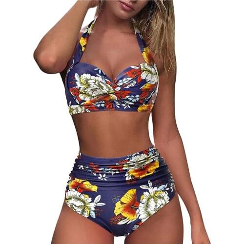 2 Pieces Womens Swimsuit Halter Top Bikinis Set Padded High Waisted Womens Shorts Print Swimwear Women Plus Size Bañador