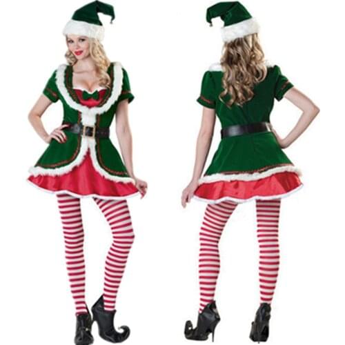 Lady Velvet Christmas Dress Sexy Christmas Tree Clothing Santa Claus Costume Green Elf Xmas Party Dress