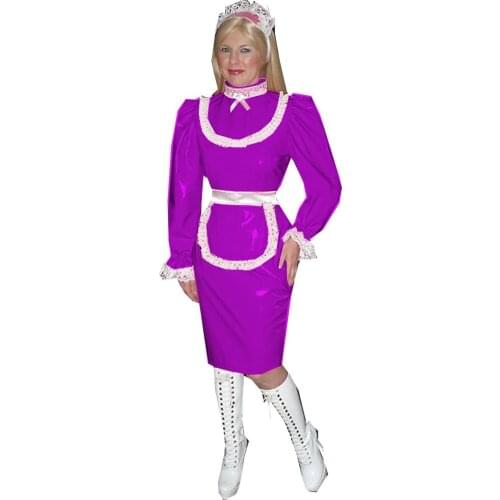 Plus Size Sweet Lolita Slim Midi Dress Elegant Uniform PVC Long Sleeve Dress 26 Colors French Maid Cosplay Dress With Apron 7XL