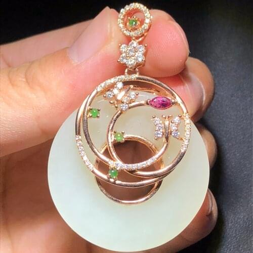 On Sale Real 925 Steling Silver s925 Myanmer Origin 100% Natural Jade Tourmaline Females Pendant Necklaces Christmas Gift