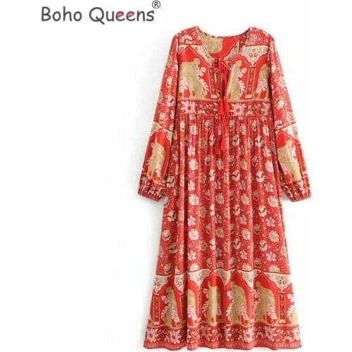 Boho Queens Floral print long sleeve lace-up tassel beach Bohemian dress Ladies V neck Summer vintage midi dress vestidos