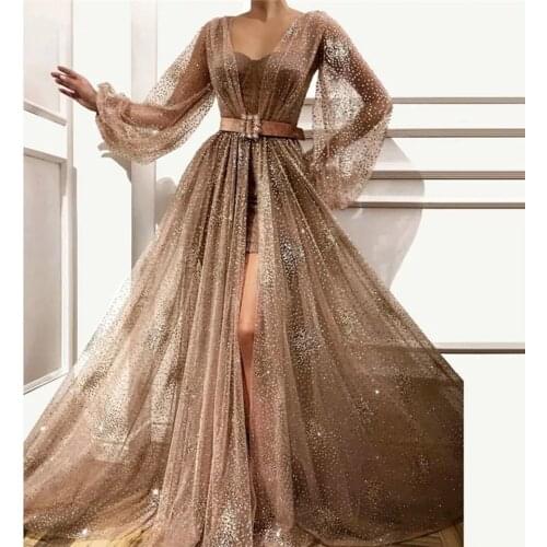 Vintage Long Sleeves Split Evening Dresses 2021 Women Sequin Crystal Formal Party Robe De Soiree Elegant Vestido Prom Maxi Dress