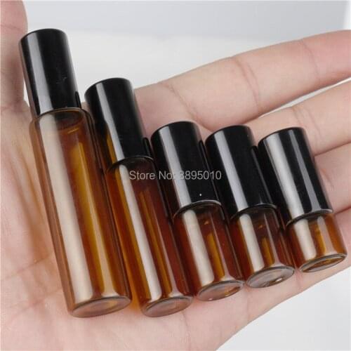 1/2/3/5/10ml Amber Glass Roll on Bottle Thin Glass Essential Oil Bottle with Cap Roller Ball Aromatherapy Vial F508