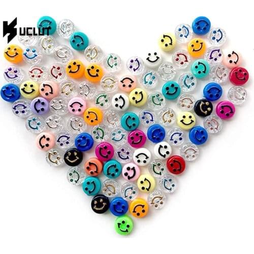 DIY 100Pcs Multicolor Acrylic Smiley Face Beads Bracelet Jewelry Making Accessories Plastic Flat Round Cartoon Smiling Beads