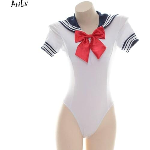AniLV Japanese Sailor School Tight Leotard one-piece Swimsuit Costume Anime Student Bodysuit Swimwear UniformPool Party Cosplay