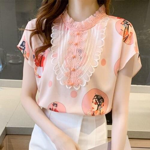 Elegant Femme Shirts Stand-Up Collar Summer Blouses Short Sleeve Women Avatar Chiffon Stylish Chinese Style Tops Blusesr MM0800