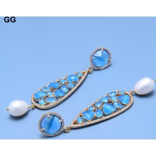 GuaiGuai Jewelry Natural Cultured White Rice Pearl Bezel Set Cat Eye Flower Connector Crystal CZ Pave Stud Earrings For Women