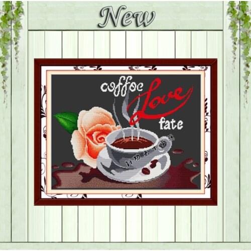 Coffee rose love fate painting counted on canvas Cross Stitch Embroider kits Needlework Sets DMC 14CT 11CT black cloth unprinted