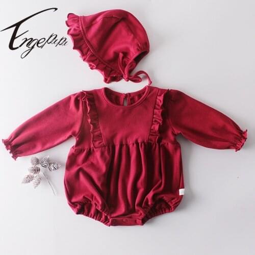 Engepapa Newborn Baby Girls Solid Color Jumpsuit+Hat Spring Autumn Toddler Baby Girl Cotton Long Sleeve Romper