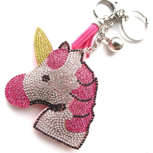 Leather Tassel Rhinestone Keychain Crystal Chain Key Ring Womens Holder Car bag Lucky Big Unicorn Animal Pendant Jewelry