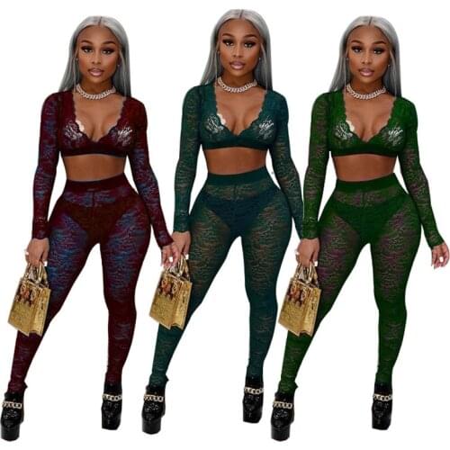 Lace Patchwork Two Piece Set Autumn Long Sleeve Deep V Neck Hollow Out Crop Top And Long Skinny Pencil Pants Nightclub Bodycon