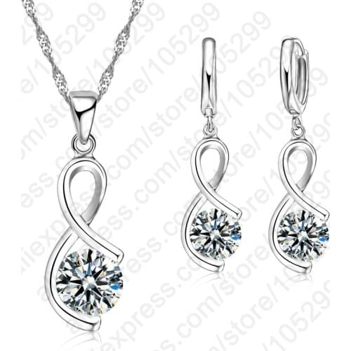 Top Selling 925 Sterling Silver Jewelry Cubic Zircon Number "8" Shape Pendant Necklaces Woman Wedding Drop Earring Set