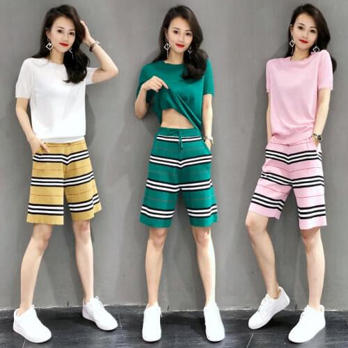 Fashion Striped Short Pants And Solid O-Neck T-Shirt Tops Casual 2 Piece Sets Women Summer Korean Short Sleeve Jogging Tracksuit