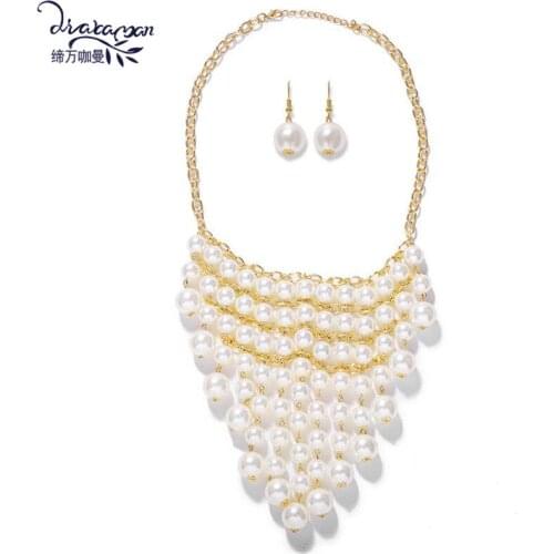 Dvacaman Simulated Pearl Statement Jewelry Set Handmade Beaded Layers Tassel Necklace&Pearl Earrings Bridal Wedding Jewelry Gift