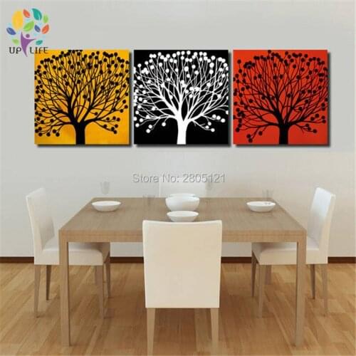 3 color season tree painting abstract red black yellow group tree cavnas wall pictures Modern Abstract Landscape Picture Set