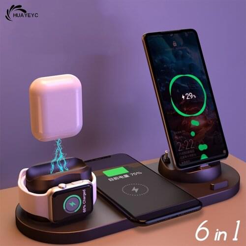 NEW 6 in 1 Wireless Charger For Apple Watch 6 5 4 3 iPhone 12 11 X XS XR 8 Airpods Pro Samsung Xiaomi 10W Qi Fast Charging Stand