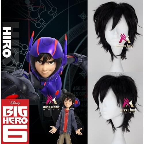 New Big Hero 6 Hiro Hamada Cosplay Costume Wigs Black Short Synthetic Hair +Wig Cap