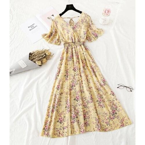 Floral Print Women Dress 2020 Summer elegant V-neck Vintage Pleated Chiffon Dresses Short sleeve Party Long Dress Robe Femme