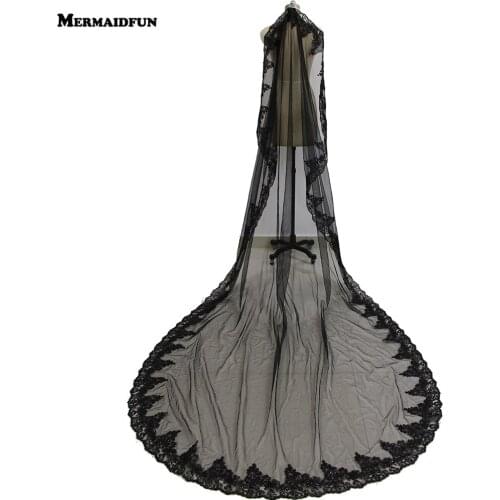 Real Photos Black Lace Wedding Veil One Layer 3 M Cathedral Long Bridal Veil with Comb Wedding Head Accessories