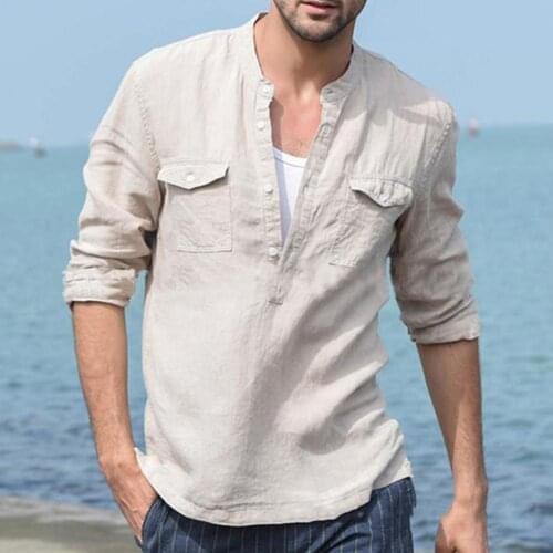 Summer Casual Long Sleeve Stand Collar Solid Color V Neck Pockets Pullover Men Buttons Beach Moisture-wicking Shirt for Vacation