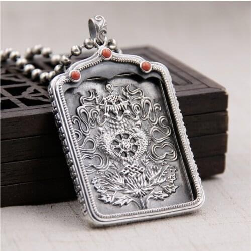 Silverware S925 Sterling Silver Buddhism South Red Garber Box Pendant Men & Women Little Tangka Retro Thai Silver Pendant