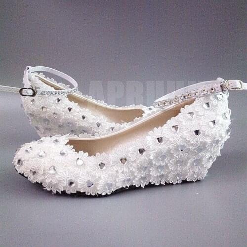 5CM wedges heel full lace pumps shoes woman ankle buckle straps crystal bridal white lace flower wedding pumps shoes bride