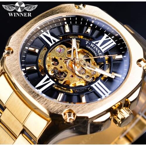 Winner Golden Mens Automatic Wrist Watch Steampunk 3D Dial Design Full Stainless Steel Band Waterproof Mechanical Watches Clock