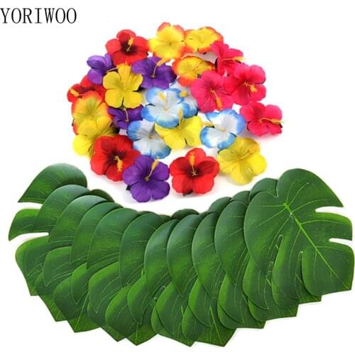YORIWOO 12pcs Green Artificial Flowers Monstera Palm Leaves Tropical Hawaii Hawaiian Party Decorations Wedding Birthday Supplies