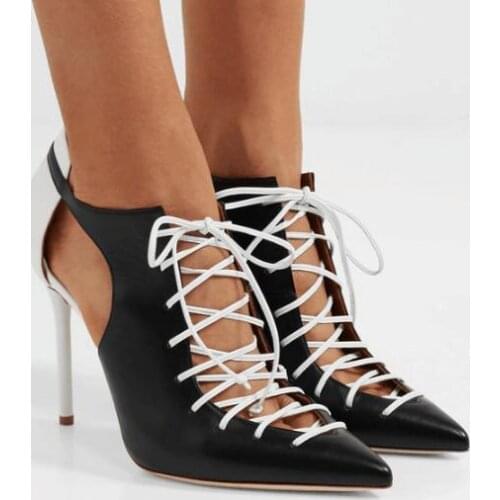 Summer Hot Women Patchwork Pointed Toe Cross-tied Lace Up Cutout Two-tone Leather Pumps Party Sexy Dress Shoes Lady Big Size