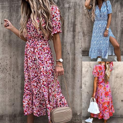2021 New Summer V Neck Split Maxi Dress Women Boho Floral Print Button Short Sleeve Long Dresses Fashion Slim Party Beach Dress