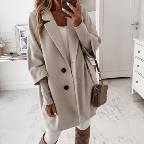3/4 Sleeve Two Buttons Women Coat Autumn Winter Lapel Side Pockets Long Warm Woolen Womens Coat Winter/Autumn 2021