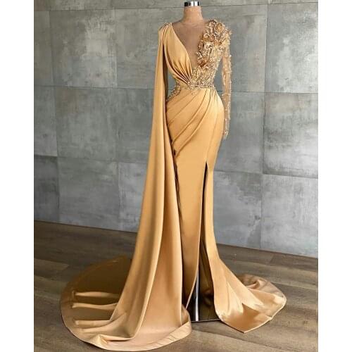 2021 Gold Mermaid V Neck Lace Appliqued Long Sleeve Prom Dress Beaded Black Girl African Evening Gowns robe de soirée de mariage