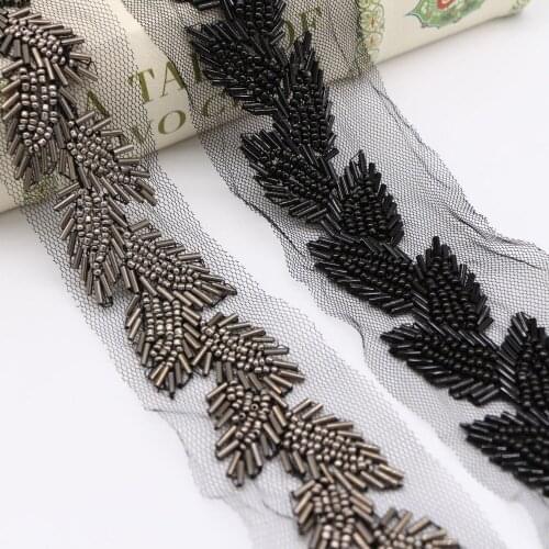10Yards Handmade Black Grey Beaded Glass Tube Tree Leaf Shaped Lace Diy Collar Wedding Dress Decoration Clothing Accessories