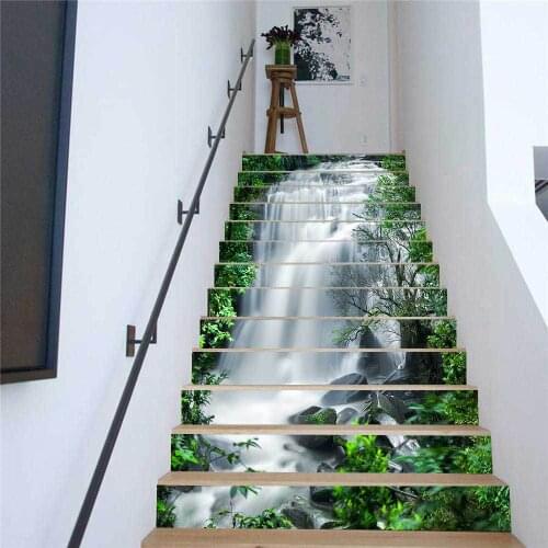 13Pcs/Set Green Alpine Waterfall Creative Stair Stickers Decorative Living Room PVC Self-Adhesive Home Waterproof Wall Stickers