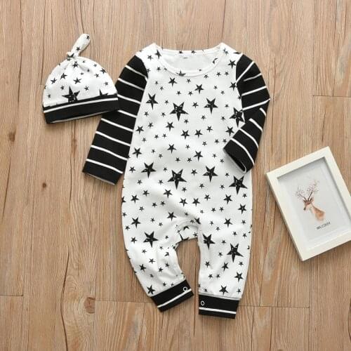 2Pcs Newborn Baby Boy Romper Cotton Long Sleeve Stars Print Jumpsuit and Hat Infant Clothing Autumn Baby Boy Clothes
