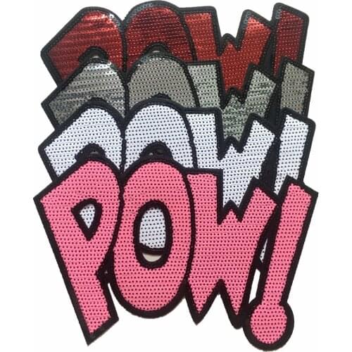2pcs Sequins POW! Letter Style Patches for Clothing Iron on Sequined Embroidery Patch Badge DIY Decoration Appliques 4 Colors
