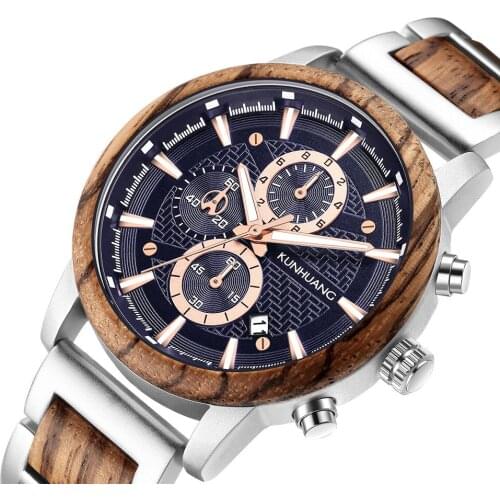 KUNHUANG New Fashion Mens Sports Watch Top Brand Luxury Wood Watch Quartz Watch Waterproof Date Clock Casual Watch