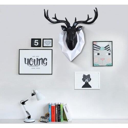 Home Statue Decoration Accessories Furnishing Wood Resin Deer Head Craft Home Hanging Pendant Bar Mural Deer Living Room Wall