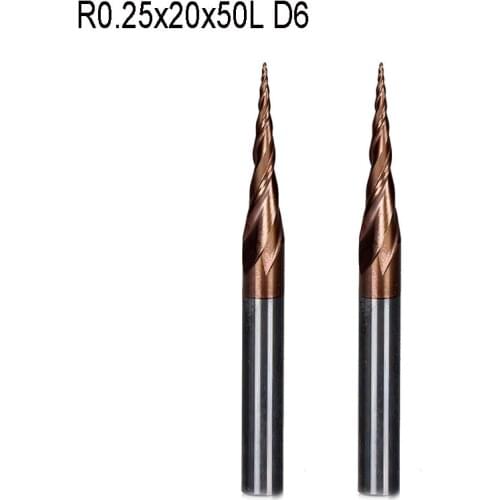 2pc R0.25*D6*20*50L*2F HRC55 Tungsten solid carbide Taper Ball Nose End Mill cone milling cutter cnc router bit wood knife tool