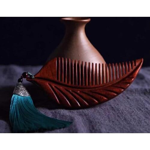 Black Red sandalwood Comb Carved leaf shape Pocket Hair Massage wooden Care Comb Super Narrow Tooth Anti-static Wood Combs