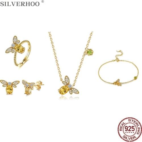 SILVERHOO 925 Sterling Silver Cute Bee Bracelets Necklace Earrings Rings For Women Luxury Zircon Silver 925 Jewelry Sets Gift