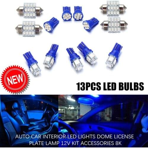 13Pcs/set Auto Car Interior LED Lights Dome License Plate Lamp 12V Kit Accessories 8k Plastic+Metal Atmosphere Decorative Lamp