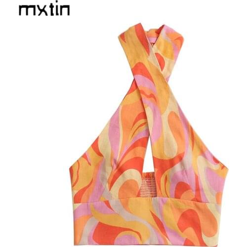 MXTIN 2021 Women Summer Fashion Sexy Print Cropped Tank Tops Vintage Halter Neck Sleeveless Backless Female Camis Chic Top Mujer