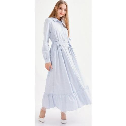 Pockets Tulle Detailed Striped Shirt Dress-Blue