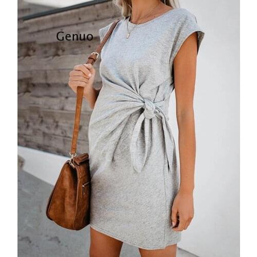 Popular Pure Color Tie-In Waist Pregnant Womens Dress Soft and Comfortable Cotton Spot Vestidos Dress